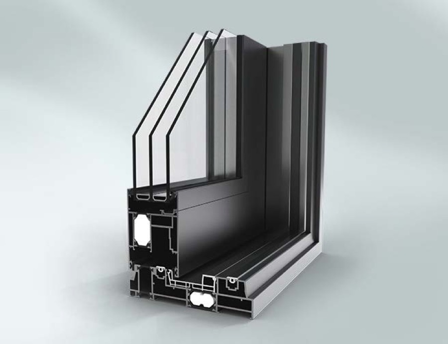 Profilschnitt der Aluminiumkonstruktion mit Dreifachverglasung