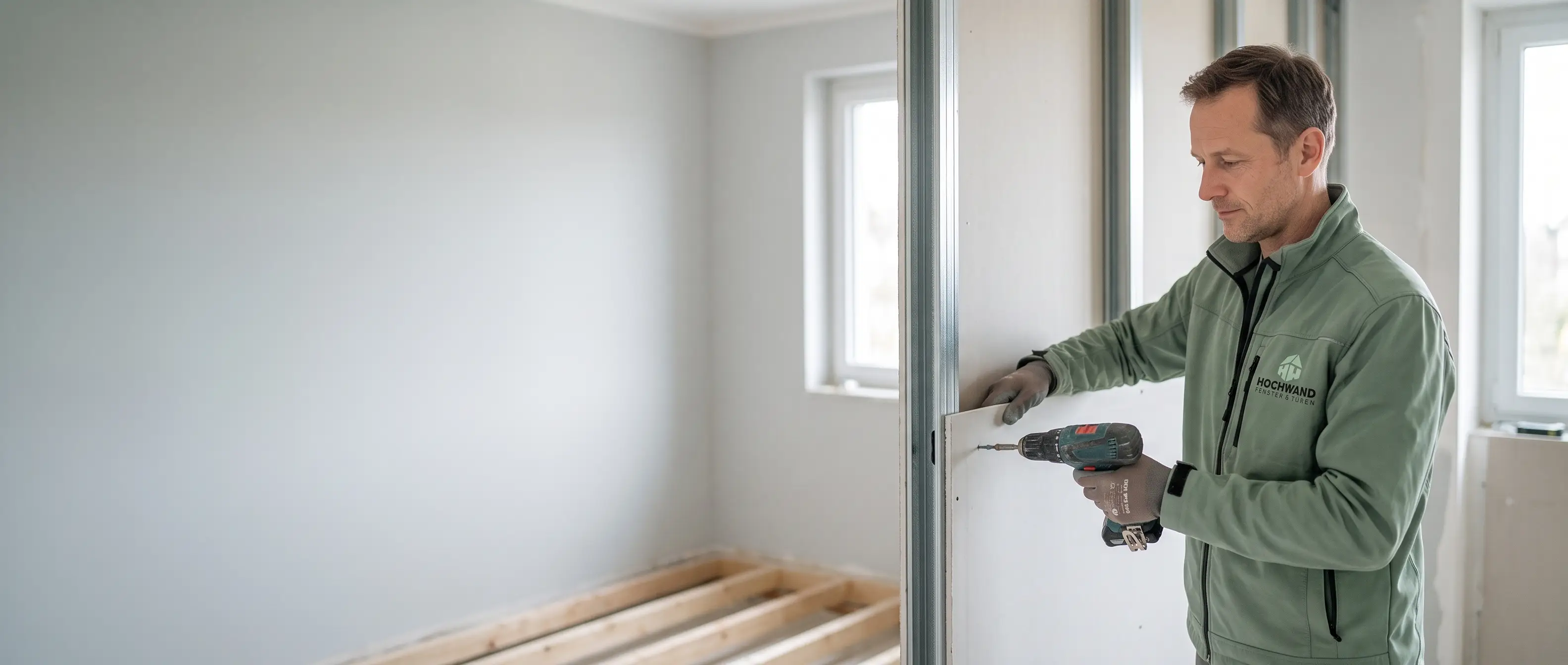 Handwerker von Hochwand beim Trockenbau in einem hellen Raum