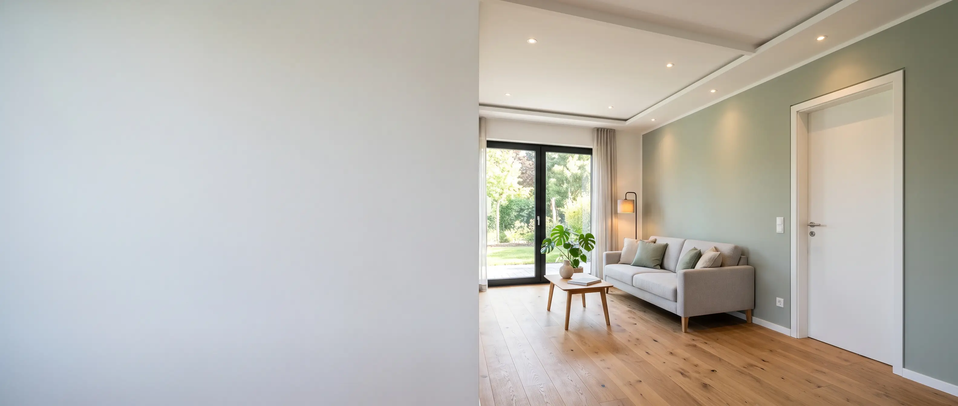 Fertig renovierter Wohnraum mit abgehängter Decke und neuen Türen